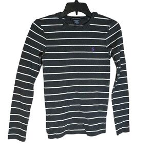 Ralph Lauren Sport Womens Striped Knit Shirt Medium Cotton LS Pony Logo‎ Gray